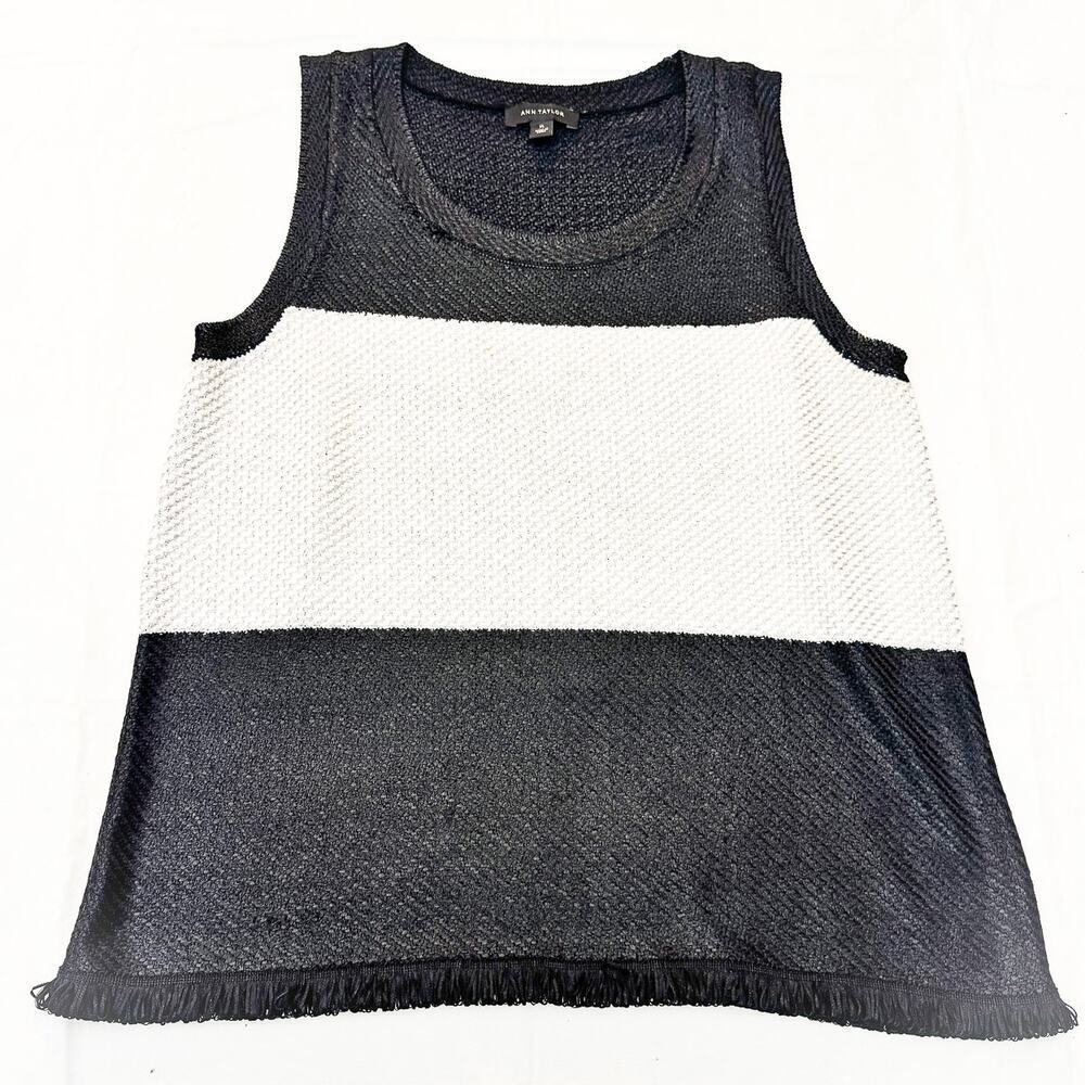 Ann Taylor Striped Sleeveless Woven Top Fringe Hem Size XL